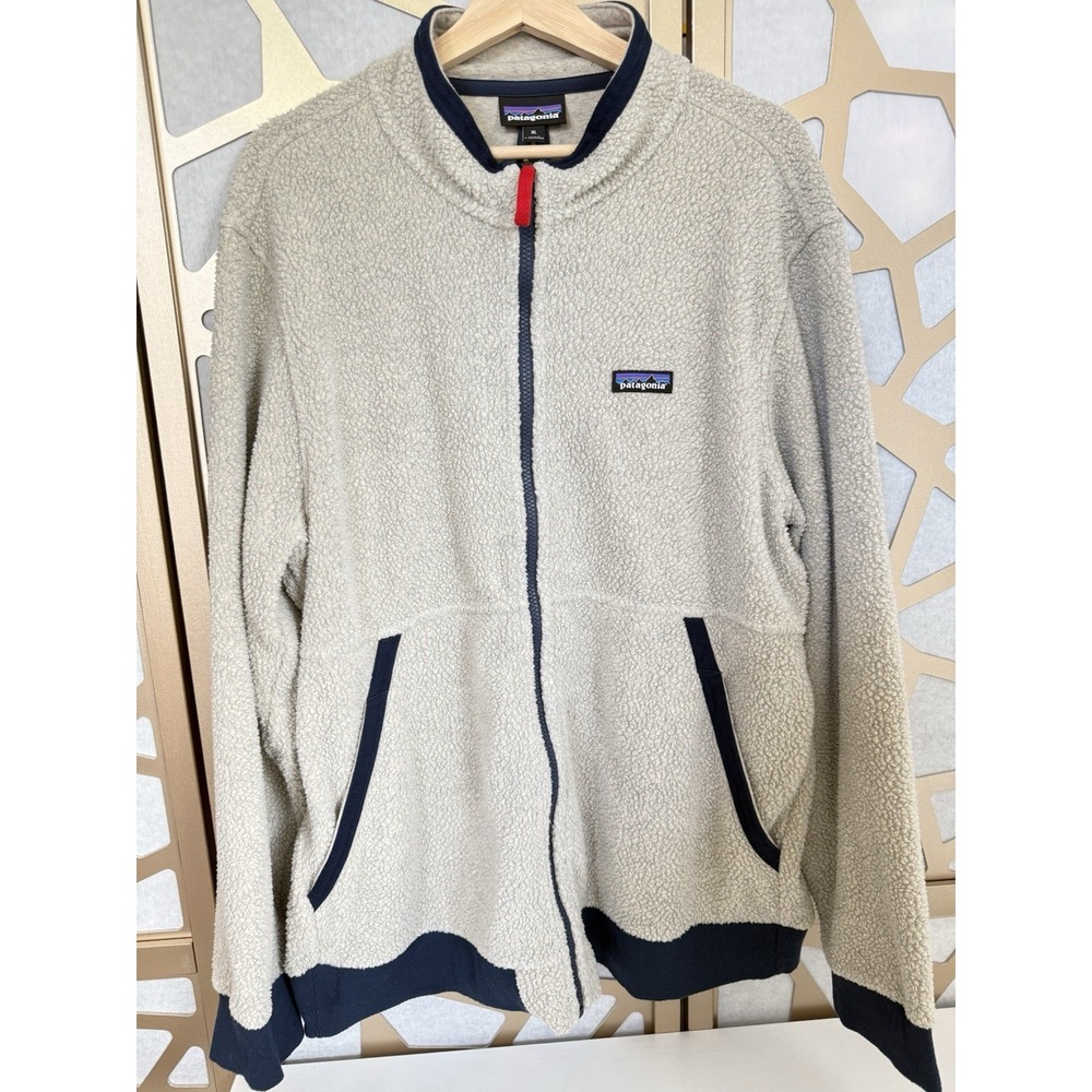 Patagonia Men's Shearling Fleece Zipper Jacket Oatmeal Heather Navy Trim Size XL